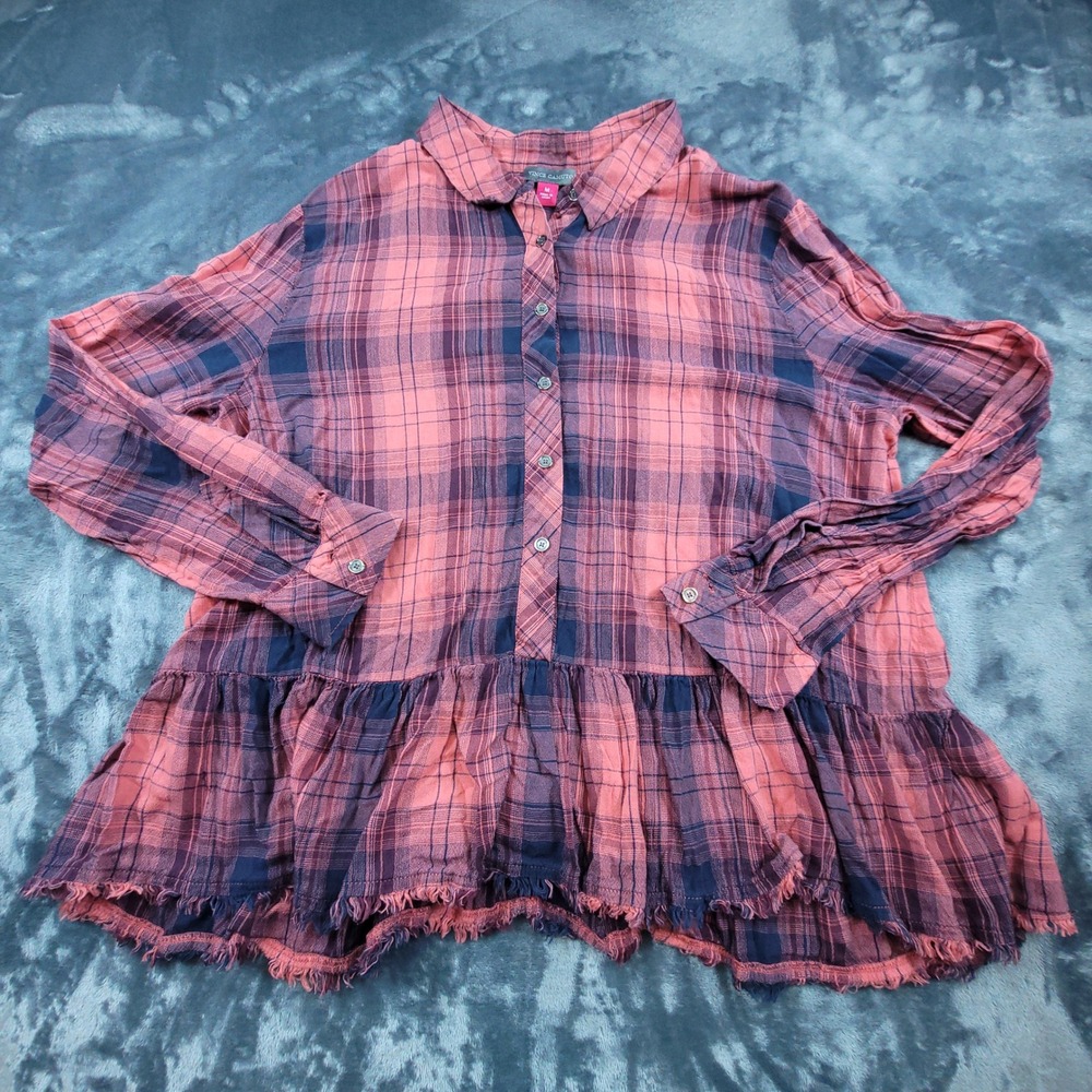 Vince Camuto Plaid Peplum Button Down Shirt Pink Navy Blue Frayed Hem Medium